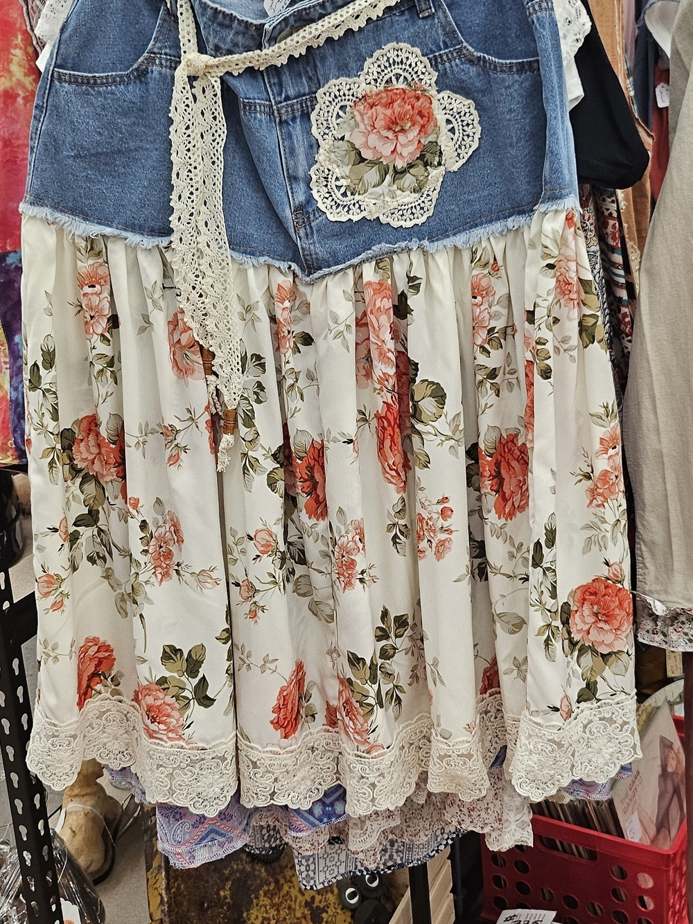 Boho Denim and Floral Lace Skirt - Cream with Coral Floral